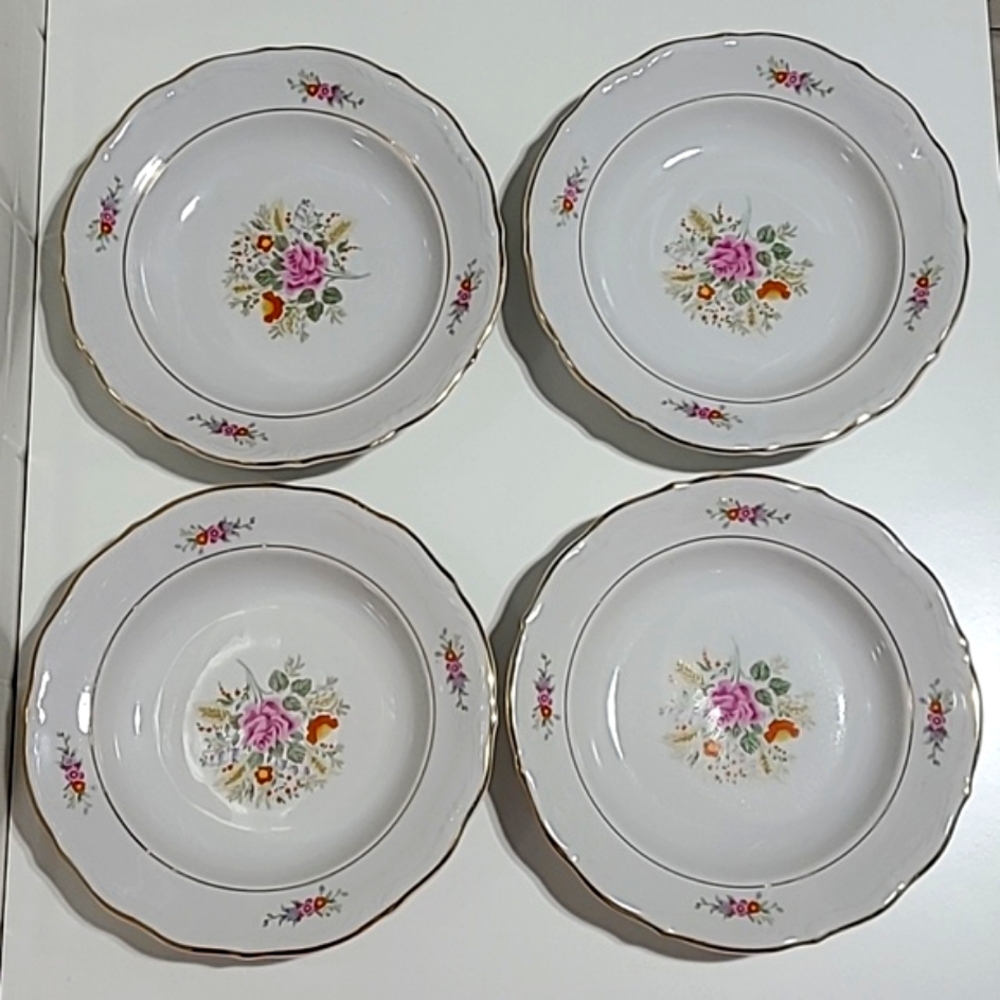 Walbrzych 50s Set of 4 Vintage Poland Yellow Gold Porcelain Soup Bowl Dish